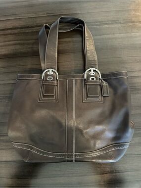 Coach Dark Brown Leather Tote with White Stitching